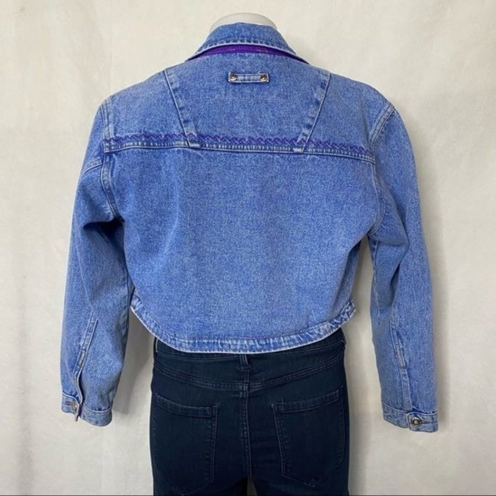 Vintage Ethics Jean Jacket Embroidered Cropped Pearl Button  Purple Details S - Picture 4 of 12